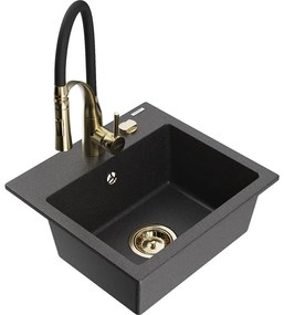 Mexen Milo, 1-komorový granitový drez 435x410x171 mm a drezová batéria Aster, čierna škvrnitá, 6505-76-73450-57-G