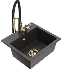 Mexen Milo, 1-komorový granitový drez 435x410x171 mm a drezová batéria Aster, čierna škvrnitá, 6505-76-73450-57-G
