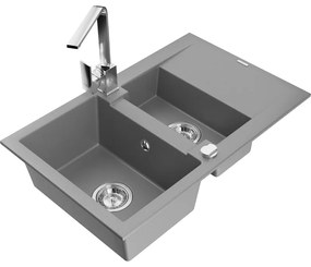 Mexen Gaspar, granitový drez 737x475x177 mm, 1,5-komorový a chrómová batéria Rita, šedá, 6507-71-670300-00
