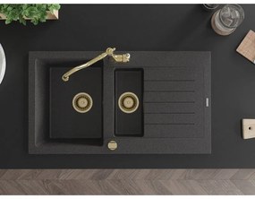 Mexen Matias, granitový drez 900x505x200 mm, 1,5-komorový a drezová batéria Carla, čierna škvrnitá, 6502-76-670700-50