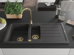 Mexen Andres, granitový drez 1000x500x200 mm, 1,5-komorový, čierna škvrnitá so zlatým sifónom, 6515101510-76-G