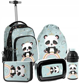 Školská taška na kolieskach - Veselá Panda 5-dielny set