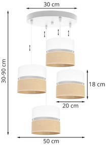 Závesné svietidlo JUTA, 4x jutové/biele textilné tienidlo, O, W