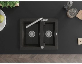 Mexen Carlos, 1,5-komorový granitový drez 582x475x177 mm a drezová batéria Flora, čierna-zlatá metalíza, 6518-75-670401-00