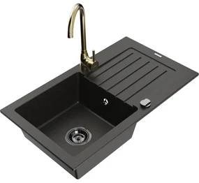 Mexen Pablo, granitový drez 752x436x161 mm, 1-komorový a zlatá batéria Telma, čierna-zlatá metalíza, 6510-75-670200-50-B