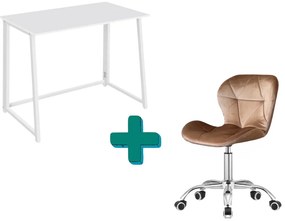 Set do pracovne ZARIMO stôl 80x40 cm, biela + kreslo AVOLA VELVET svetlo hnedé