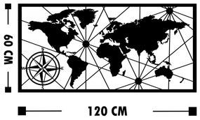 Nástenná kovová dekorácia Mapa sveta kompas 120x60 cm čierna
