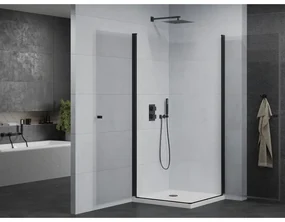 Mexen Pretoria Duo, sprchovací kút s 2-krídlovými dverami 80 (dvere) x 80 (dvere) cm, 6mm číre sklo, čierny profil + slim sprchová vanička 5cm biela s čiernym sifónom, 852-080-080-70-02-4010B