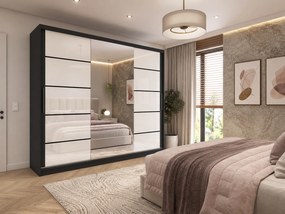 Šatníková skriňa 232 cm Belini čierny mat / biely lesk s posuvnými dverami zrkadlom a zásuvkami  MGB SZP8/0/B/2W1L/KLP