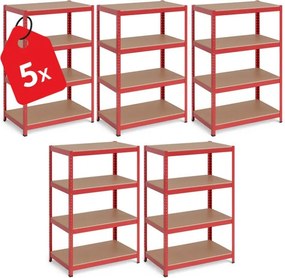 Akcia 5x Regál 150x70x30 cm lakovaný 4-policový, nosnosť 700 kg - červený