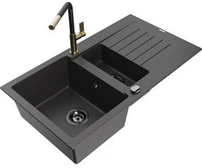 Mexen Matias, 1,5-komorový granitový drez 900x505x200 mm a drezová batéria Flora, čierna škvrnitá, 6502-76-670401-57-B