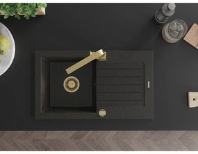 Mexen Pablo, granitový drez 752x436x161 mm, 1-komorový a zlatá batéria Rita, čierna-zlatá metalíza, 6510-75-670300-50