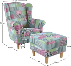 Kreslo ušiak s taburetom, látka patchwork M1, ASTRID