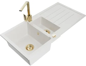 Mexen Andres, granitový drez 1000x500x200 mm, 1,5-komorový, biela so zlatým sifónom a zlatá drezová batéria Rita, 6515-20-670300-50