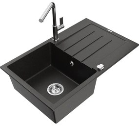 Mexen Bruno, 1-komorový granitový drez 795x495x200 mm a drezová batéria Flora, čierna-zlatá metalíza, 6513-75-670401-00