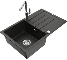 Mexen Bruno, 1-komorový granitový drez 795x495x200 mm a drezová batéria Flora, čierna-zlatá metalíza, 6513-75-670401-00