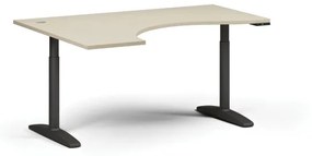Výškovo nastaviteľný stôl OBOL, elektrický, 675-1325 mm, ergonomický ľavý, doska 1600x1200 mm, čierna zaoblená podnož, breza
