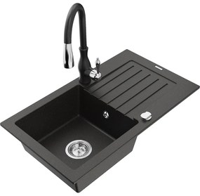 Mexen Pablo, granitový drez 752x436x161 mm, 1-komorový a drezová batéria Savita, čierna-zlatá metalíza, 6510-75-672601-70