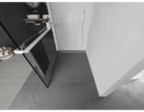 Mexen Kioto+ L, sprchová zástena Walk-In s poličkou a vešiakom 50 x 200 cm, 8mm číre sklo čierny vzor, biely profil, 800-050-123-20-70