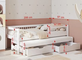 Detská posteľ z masívu borovice ORION s prístelkou a šuplíky - 200x90 cm - biela