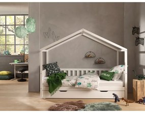 Biela domčeková detská posteľ z borovicového dreva s výsuvným lôžkom a úložným priestorom 90x200 cm DALLAS – Vipack