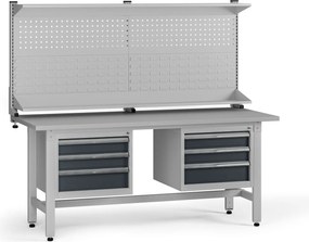 Výškovo nastaviteľný dielenský stôl G5 s nadstavbou, 1800 x 750 x 800-1000 mm, 2x kontajner, 6 zásuviek, grafit