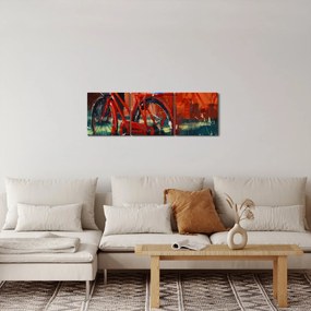 Obraz červeného kolesa, akrylová maľba (s hodinami) (90x30 cm)