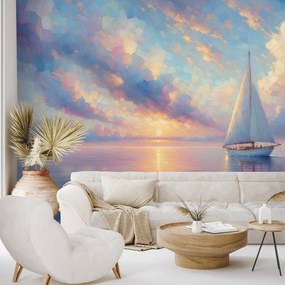 Tapeta plachetnica na pokojnom mori pri západe slnka