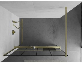 Mexen Kioto+, sprchová zástena Walk-In s poličkou a vešiakom 130 x 200 cm, 8mm číre sklo čierny vzor, zlatý matný profil, 800-130-121-55-77