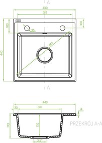 Kuchinox Laveo Trzynastka, 1-komorový granitový drez 440x440x170 mm, šedá, LAV-SBP_510T
