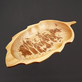 AMADEA Drevená miska list s gravírom, masívne drevo, 34 cm
