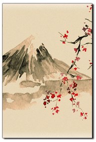 Obraz na plátne - Tradičné sumi-e obraz: sakura, slnko a hory - obdĺžnik 7271FA (120x80 cm)