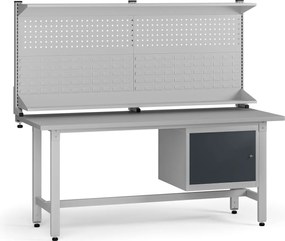 Výškovo nastaviteľný dielenský stôl G5 s nadstavbou, 1800 x 750 x 800-1000 mm, 1x skrinka, grafit