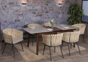 Záhradné stoličky HWC-N38 (SET 6 ks), olefínové lano, krémové vankúše - svetlo hnedá