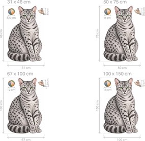 Egyptská mau s loptičkou a myškou striebristo bodkované mačacie nálepky na stenu arch 31 x 46 cm