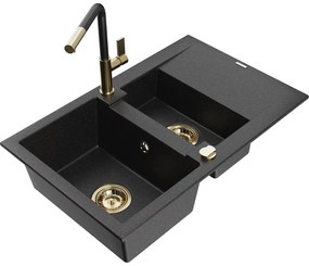Mexen Gaspar, 1,5-komorový granitový drez 737x475x177 mm a drezová batéria Flora, čierna-strieborná metalíza, 6507-73-670401-57-G