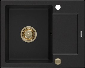 Mexen Enzo, granitový drez 576x465x174 mm, 1-komorový, čierna so zlatým sifónom, 6506571005-77-G