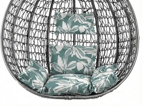 Sivé závesné kreslo KOKON so stojanom, zeleno-biely vankúš