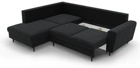 Čierna zamatová rozkladacia/s úložným priestorom rohová pohovka (ľavý roh/do L) Kyoto – Cosmopolitan Design
