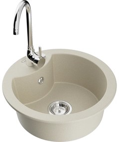 Mexen Diego, 1-komorový granitový drez 488x488x167 mm, chrómový sifón, chrómová batéria Telma, béžová, 6512-69-670200-00