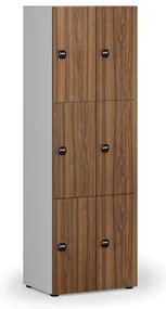 Drevená šatníková skrinka s úložnými boxmi, 6 boxov, RFID zámok, sivá/orech