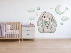 Plyšový králiček s mesiacom mätové textilné prelepiteľné nálepky na stenu hárok 46 x 34 cm