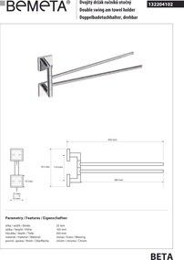Bemeta Design BETA: Držiak uterákov, 450 mm, dvojitý, otočný - 132204102