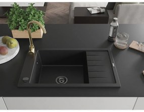 Mexen Elias, 1-komorový granitový drez s odkvapkávačom 795x480x200 mm a zlatá lesklá kuchynská batéria Telma, čierna, 6511-77-670200-50-B