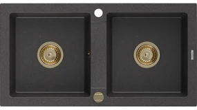 Mexen Mario, granitový drez 820x436x161 mm, 2-komorový, čierna škvrnitá so zlatým sifónom, 6504822000-76-G