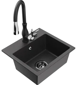 Mexen Milo, 1-komorový granitový drez 435x410x171 mm a drezová batéria Savita, čierna škvrtnitá, 6505-76-672601-70-B