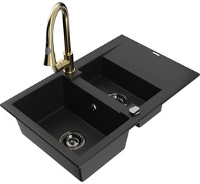 Mexen Gaspar, granitový drez 737x475x177 mm, 1,5-komorový a drezová batéria Elia, čierna, 6507-77-670101-50-B