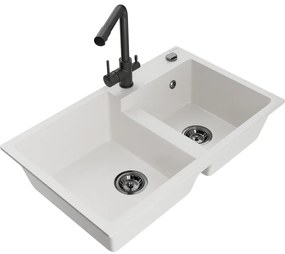 Mexen Tomas, granitový drez 800x500x190 mm, 2-komorový a čierna batéria Duero, biela, 6516-20-671600-70