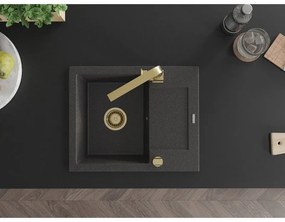 Mexen Enzo, granitový drez 576x465x174 mm, 1-komorový a zlatá batéria Rita, čierna škvrnitá, 6506-76-670300-50