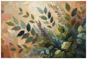 Samolepiaca tapeta maľované zelené listy na béžovom pozadí